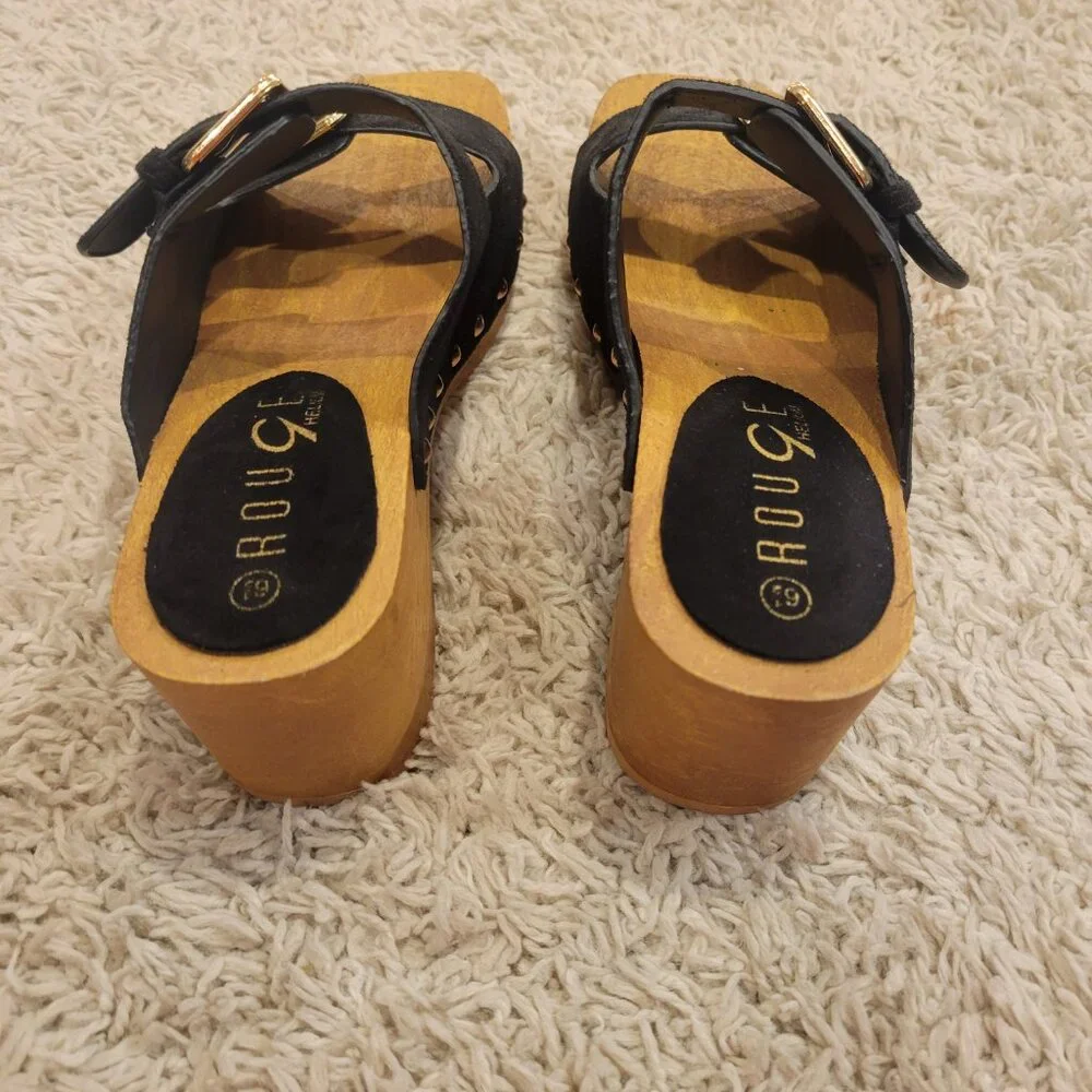 SOLD 👠New Black Wood Clog Wedge Platform Suede Buckle Sandal Shoe Slip On Sl💃 - Picture 10 of 10
